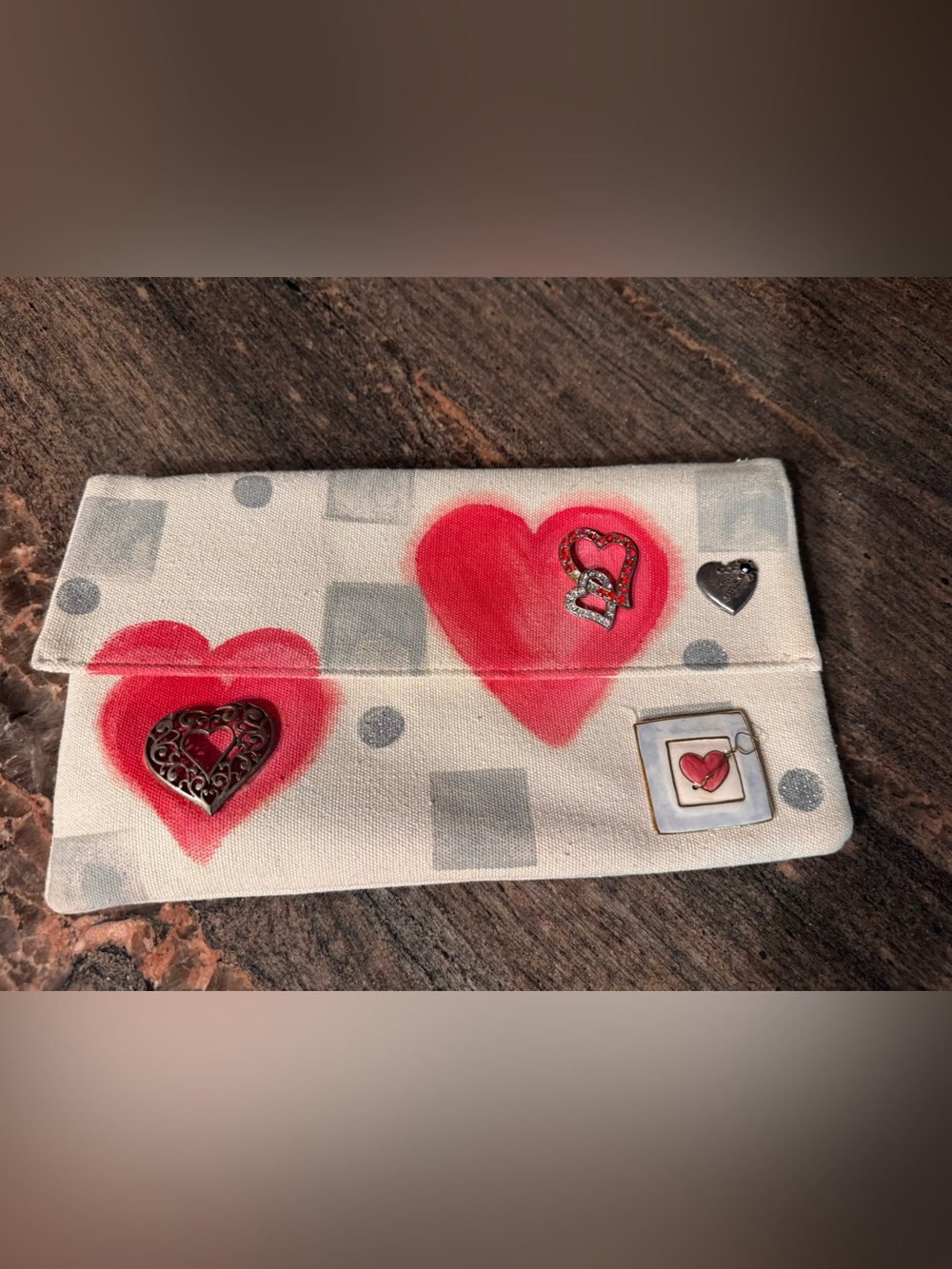 Custom made and hand painted Clutch with Red Heart Accents